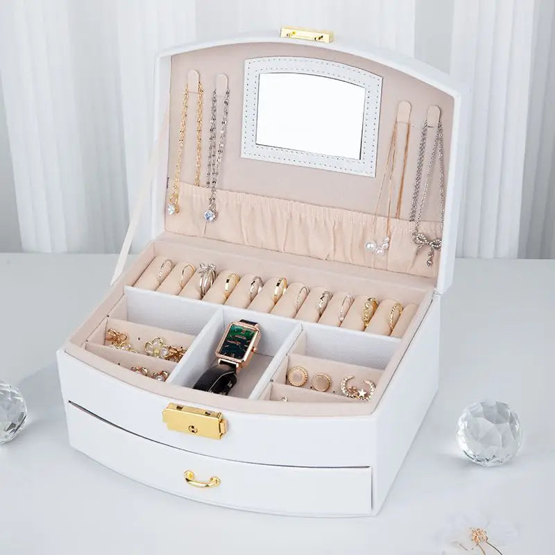 Large Capacity Jewelry Box with Mirror - Multi-Functional PU Leather Organizer for Women