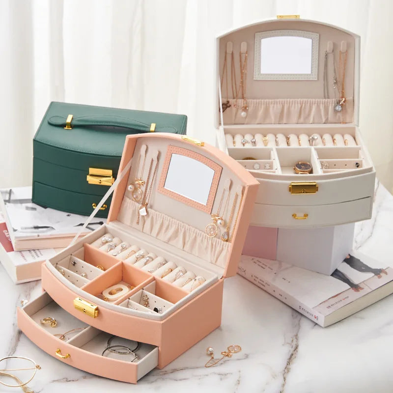 Large Capacity Jewelry Box with Mirror - Multi-Functional PU Leather Organizer for Women