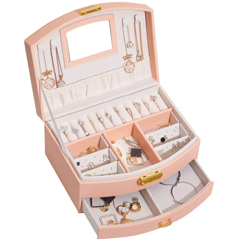 Large Capacity Jewelry Box with Mirror - Multi-Functional PU Leather Organizer for Women