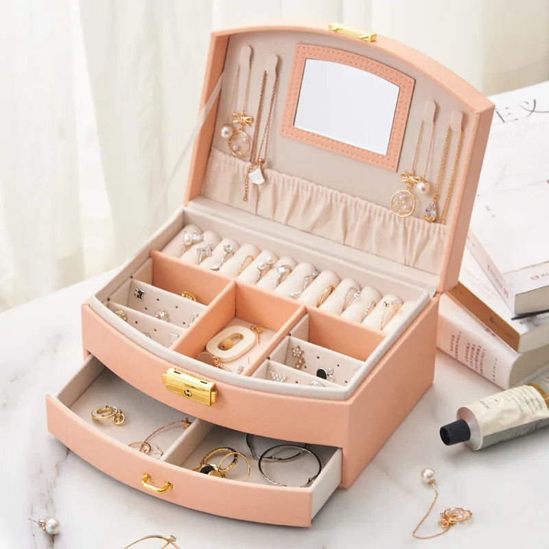 Large Capacity Jewelry Box with Mirror - Multi-Functional PU Leather Organizer for Women