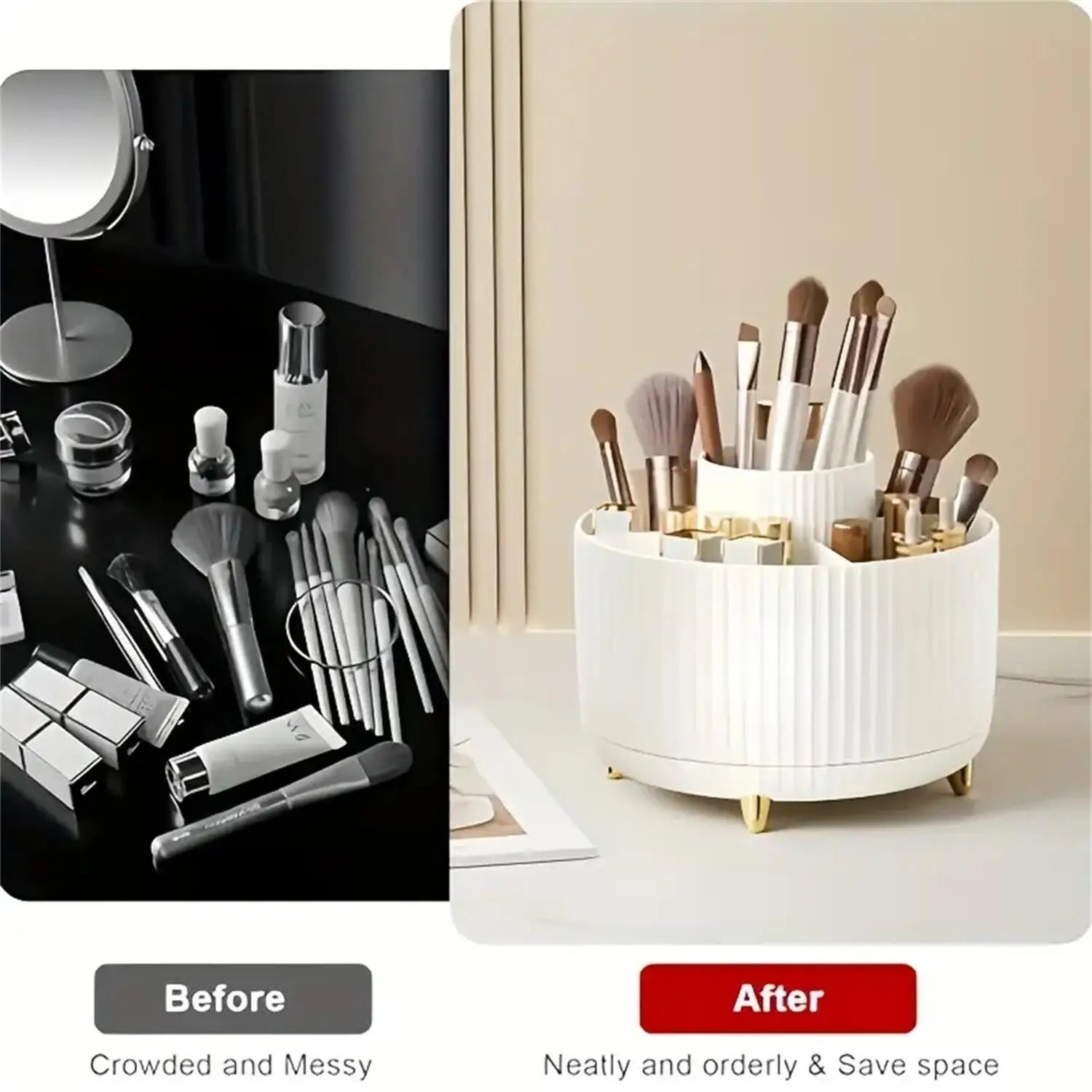360° Rotating Makeup Brush Holder - 5-Compartment Cosmetic Organizer