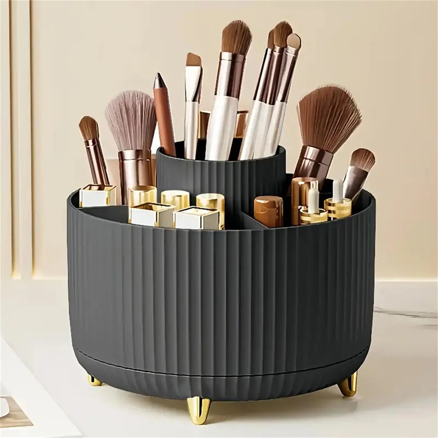 360° Rotating Makeup Brush Holder - 5-Compartment Cosmetic Organizer
