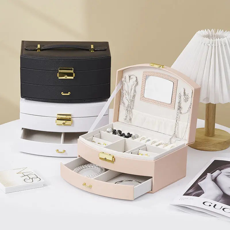 Large Capacity Jewelry Box with Mirror - Multi-Functional PU Leather Organizer for Women